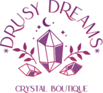 Shop Logo Drusy Dreams Crystal Boutique over a crystal and leaf motif