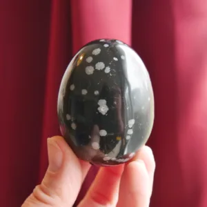 2.4" Snowflake Obsidian Black Crystal Egg Carving 5.4 oz